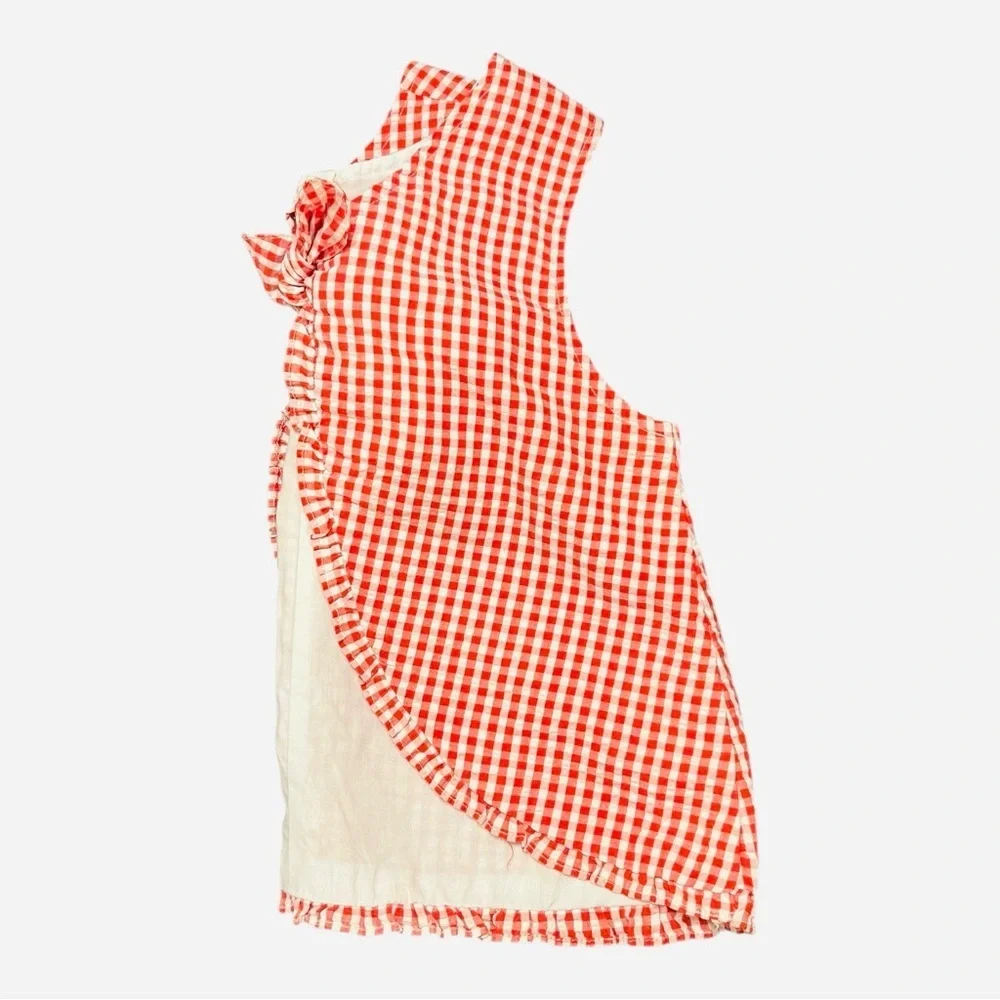 Girls 6 Samara gingham white red apron ruffled hem button detail graphic design